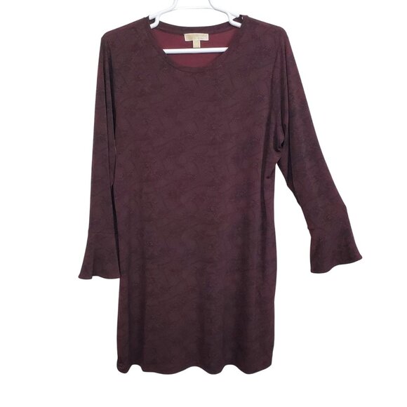 Michael Kors 2X Dress Reptile Print Long Sleeve Bell Cuffs Stretchy Burgundy - Picture 2 of 12